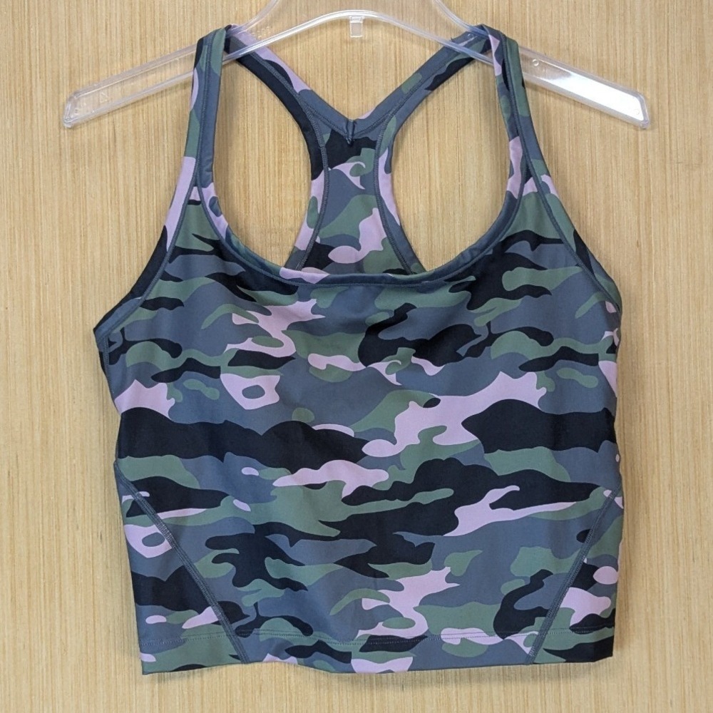 Pickletini Indi Racerback Tank Top Femme Camo Green Pink Activewear Crop M NWT